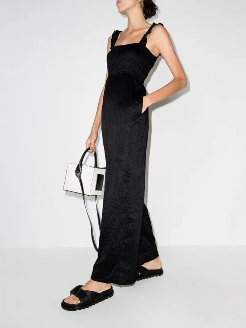 GANNI Black Satin Smock Top Crinkled Jumpsuit, size 34/US 2